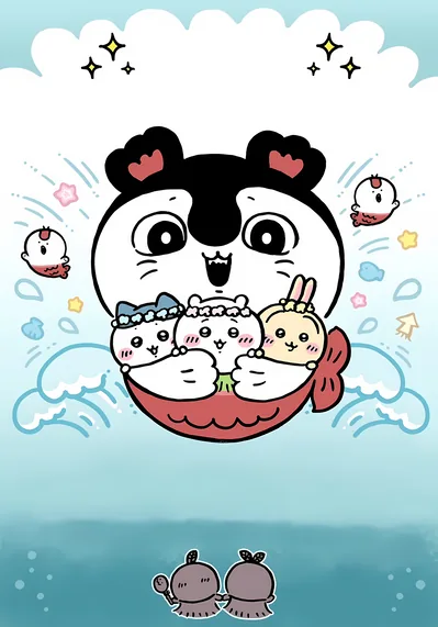 賽蓮在海面上抱著戴花環的吉伊卡哇、小八與烏薩奇的可愛海洋風手機桌布