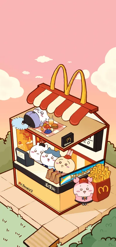 ちいかわとハチワレ、うさぎがハンバーガー店で働く可愛いスマホ壁紙