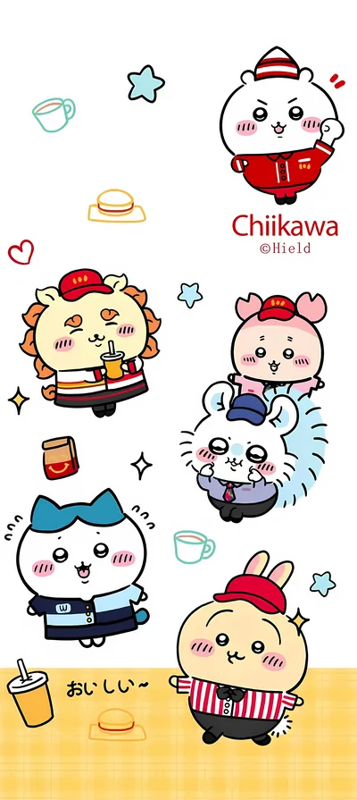 ちいかわやハチワレ、うさぎ達がファーストフード店員になった可愛いスマホ壁紙