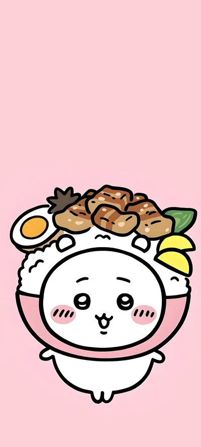 맛있는 덮밥으로 깜짝 변신한 귀여운 치이카와 핑크 스마트폰 배경화면