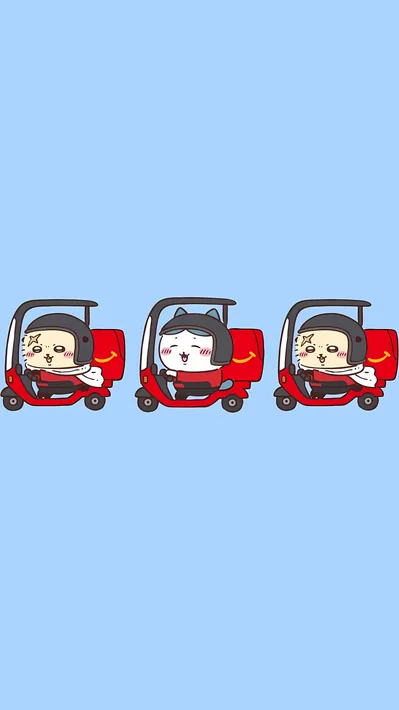 ラッコとハチワレが赤いバイクでデリバリーする可愛いスマホ高画質壁紙