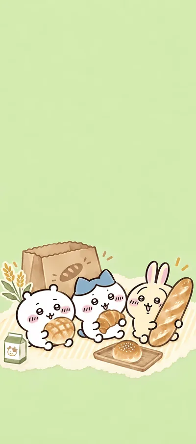 ちいかわとハチワレとうさぎがパンを食べてピクニックする可愛いスマホ壁紙