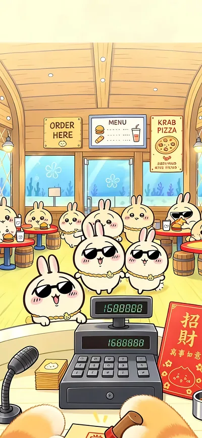 サングラスをかけた大量のうさぎがレジに並ぶハンバーガー店の可愛いスマホ壁紙