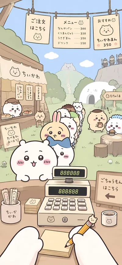 ちいかわとハチワレ、うさぎがお店のレジ前に並ぶ可愛いスマホ高画質壁紙
