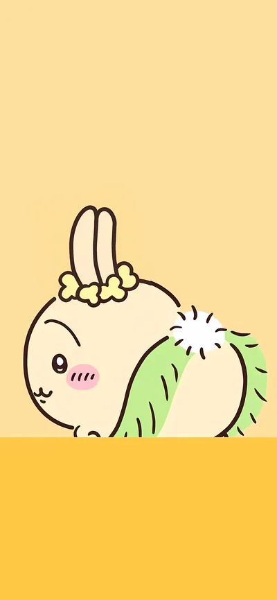 花冠と草スカートを着てふわふわのお尻と尻尾を見せるうさぎのスマホ壁紙