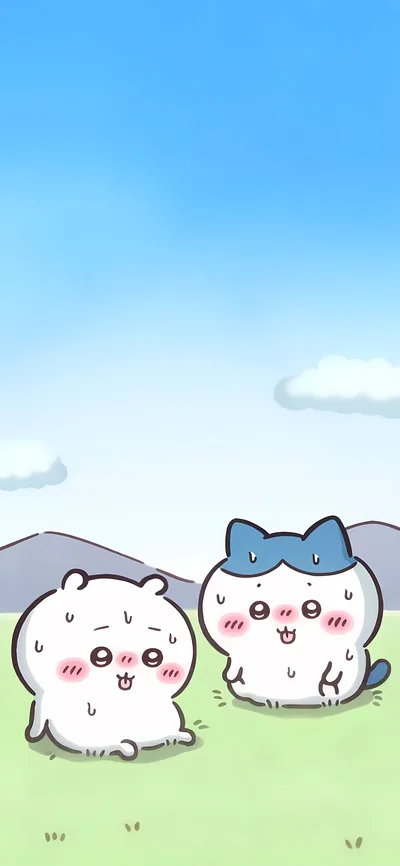 吉伊卡哇和小八在晴空草地上喘气休息的可爱手机壁纸