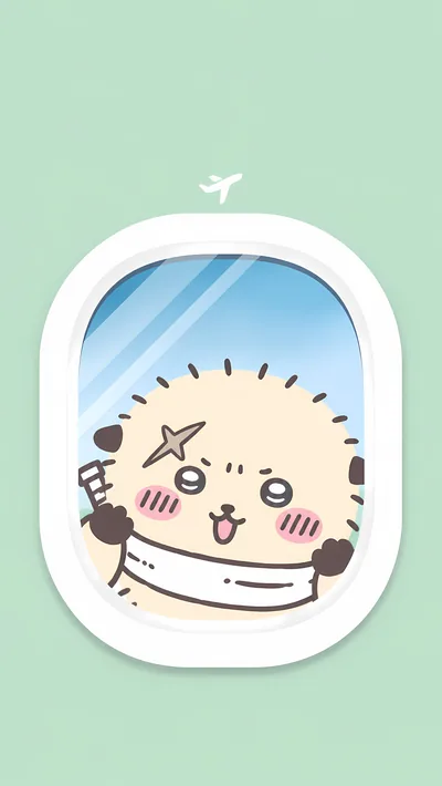 飛行機の窓から笑顔で外を覗くかわいいラッコ先生のスマホ待ち受け