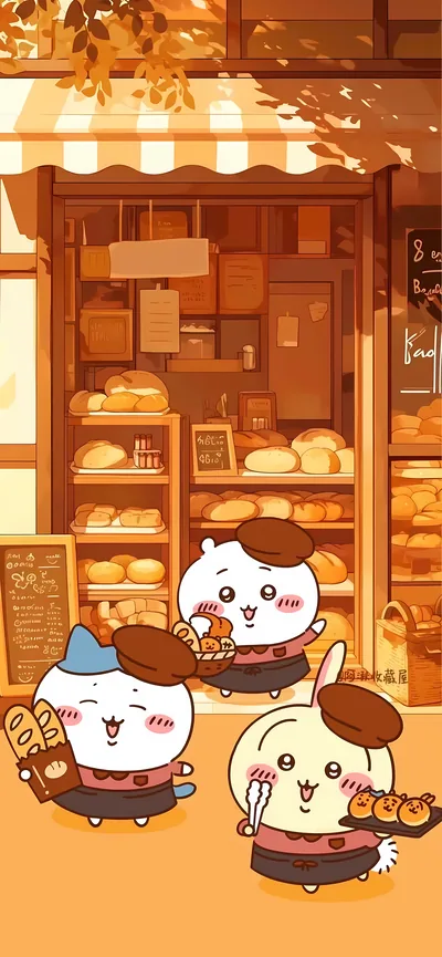 ちいかわとハチワレ、うさぎがパン屋さんでお手伝いする温かいスマホ高画質壁紙