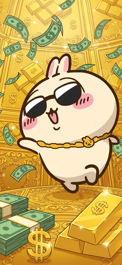 サングラスをかけたうさぎと札束や金塊が舞う豪華なスマホ壁紙