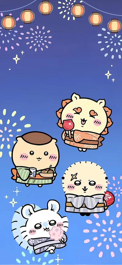 くりまんじゅう・シーサー・ラッコ・モモンガの夏祭り花火スマホ壁紙
