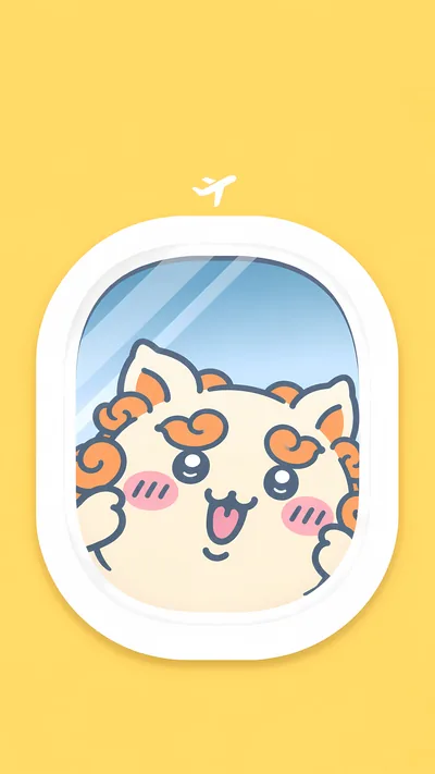 飛行機の窓から笑顔をのぞかせるシーサーのスマホ高画質壁紙