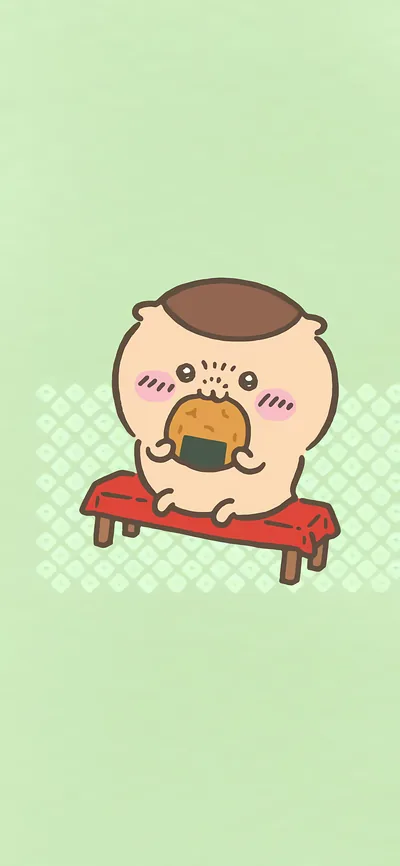 赤い縁台にちょこんと座って焼きおにぎりを頬張るくりまんじゅうスマホ壁紙