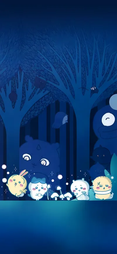 ちいかわ・ハチワレ・うさぎが夜の光る森を探検するスマホ高画質壁紙