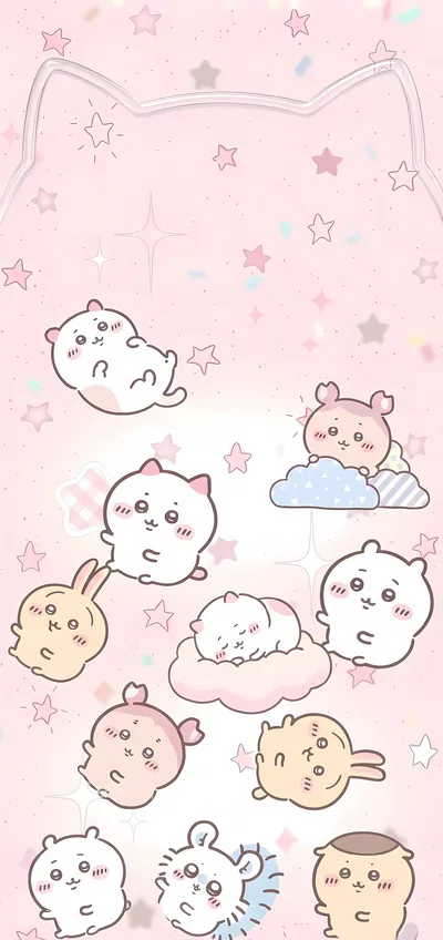 ちいかわとうさぎやモモンガがピンクの星空や雲に浮かぶ可愛いスマホ待ち受け