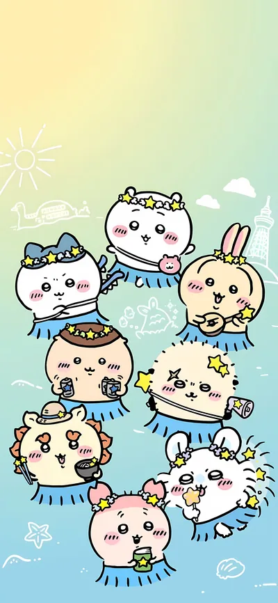 ちいかわとハチワレたちがフラダンスを楽しむ夏休みスマホ壁紙