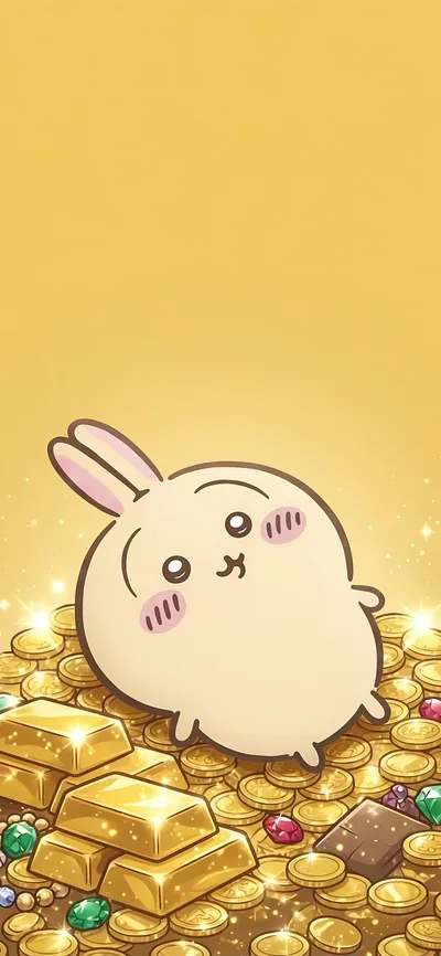 金貨やゴールドの山にダイブするうさぎの金運アップスマホ壁紙