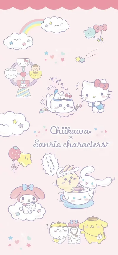 ちいかわ・ハチワレ・うさぎとサンリオ遊園地コラボの可愛いスマホ壁紙