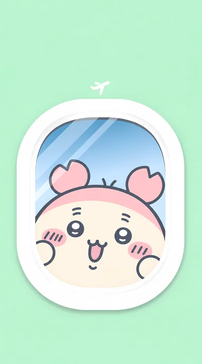 ちいかわの古本屋が飛行機の窓から笑顔で外を覗く爽やかでかわいいスマホ壁紙