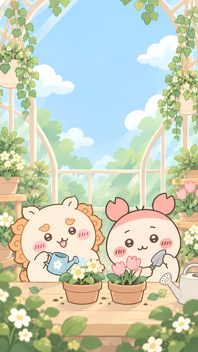 狮萨和古本在阳光花房温室里快乐浇花种植盆栽的治愈系手机高清壁纸