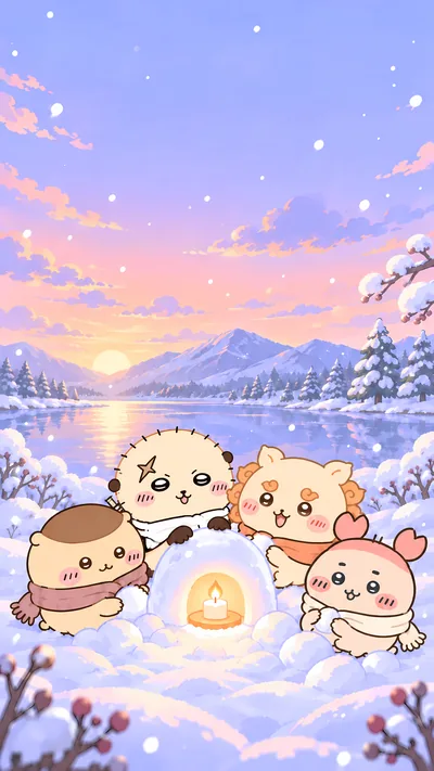 栗子馒头海獭狮萨与古本在冬日雪景湖畔围着雪屋烛火的手机高清壁纸