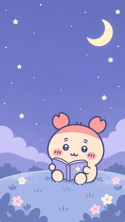 可爱治愈的古本在星空月夜下的花草地上专注看书吉伊卡哇手机壁纸