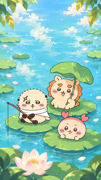 海獭、狮萨与古本在清凉莲花池荷叶上的夏日手机高清壁纸