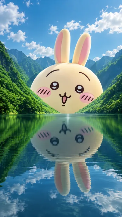 雄大な山々と透き通る湖に映る巨大なうさぎがかわいい癒やしのスマホ待ち受け