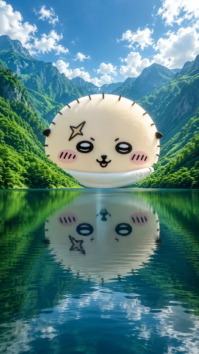 雄大な山々と澄んだ湖に浮かぶ丸くて可愛いラッコと美しい水面反射の癒やしスマホ待ち受け