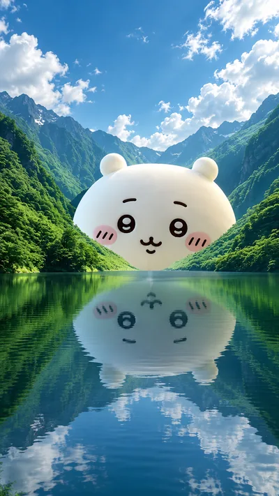 ちいかわが雄大な山々と澄んだ湖面に反射する美しい自然風景のスマホ高画質壁紙