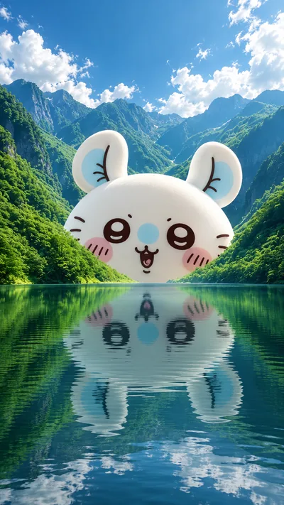 雄大な山々と澄んだ湖面に映る巨大なモモンガの可愛い笑顔の高画質スマホ壁紙
