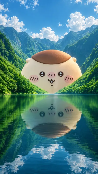雄大な山々と澄んだ湖面に映る巨大なくりまんじゅうのスマホ高画質壁紙