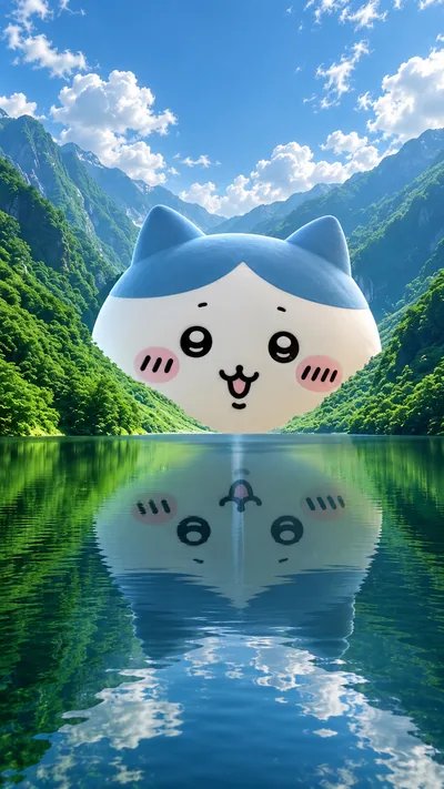 山々と透明な湖面に映る巨大なハチワレが浮かぶ癒やしのスマホ待ち受け