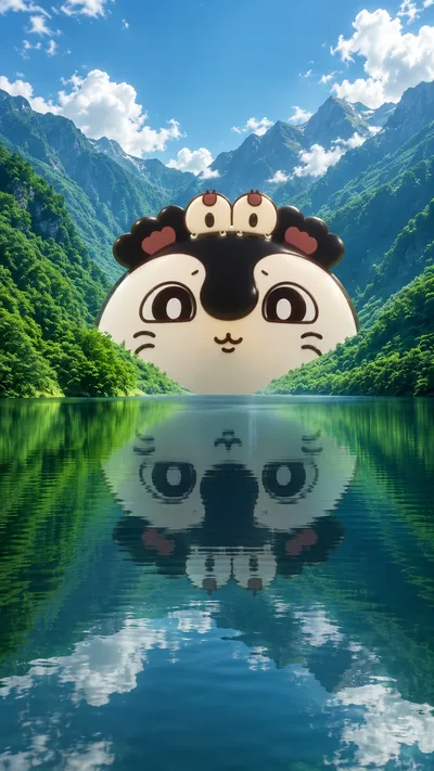ちいかわキャラクターが美しい峡湾の湖面に映り込む癒やしのスマホ高画質壁紙
