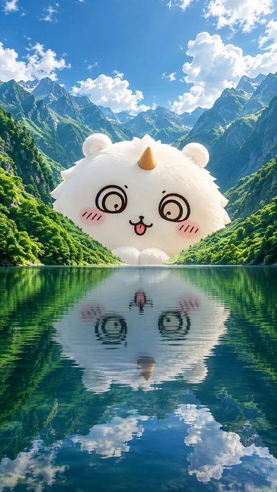 雄大な山々と美しい湖面の反射に現れたふわふわなあのこの癒やしスマホ壁紙