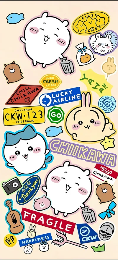 ちいかわとハチワレ、うさぎのスーツケース旅行ステッカー風可愛いスマホ高画質壁紙