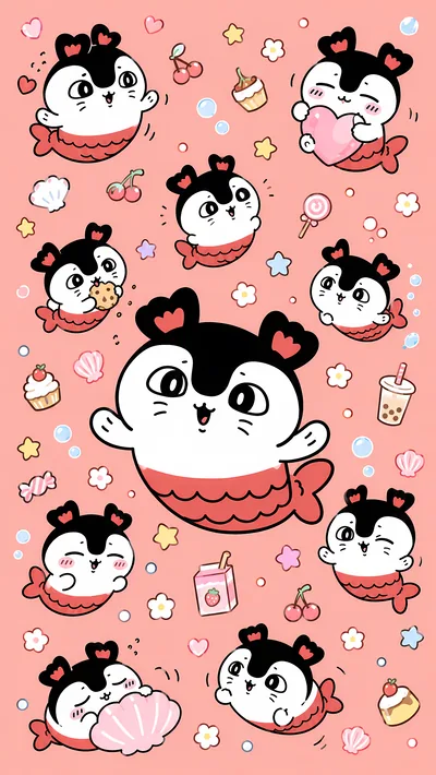 ピンクの可愛い人魚セイレーンとスイーツのスマホ高画質壁紙