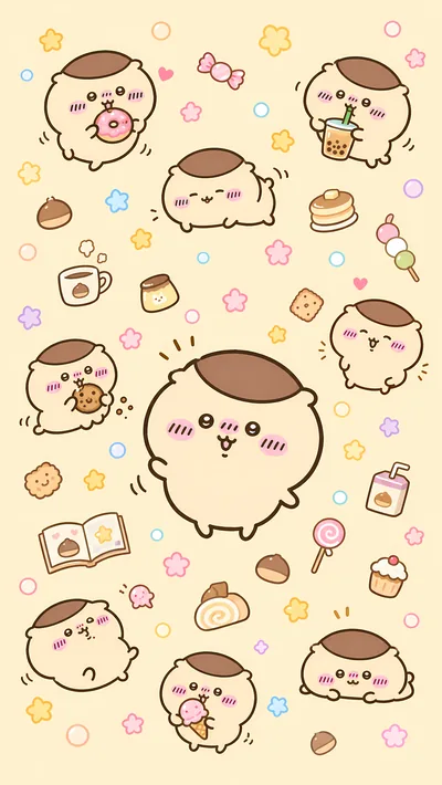 スイーツやタピオカを楽しむくりまんじゅうの可愛いパターンイラストスマホ高画質壁紙