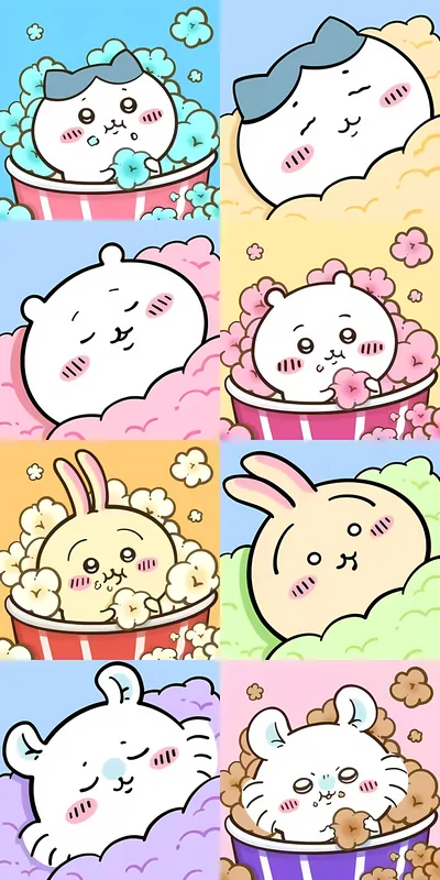 ちいかわとハチワレやうさぎがポップコーンに埋もれる可愛いスマホ壁紙