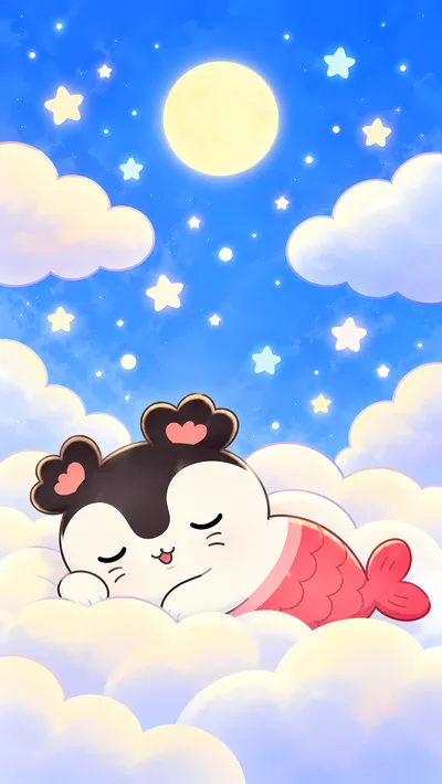 満月と星空の下で雲の上ですやすや眠るセイレーンの可愛いスマホ高画質壁紙