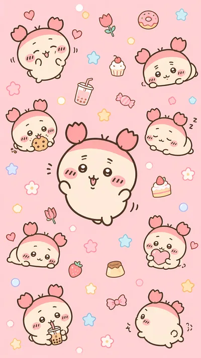 ピンク背景にスイーツやタピオカを楽しむ可愛い古本屋の総柄イラストスマホ壁紙
