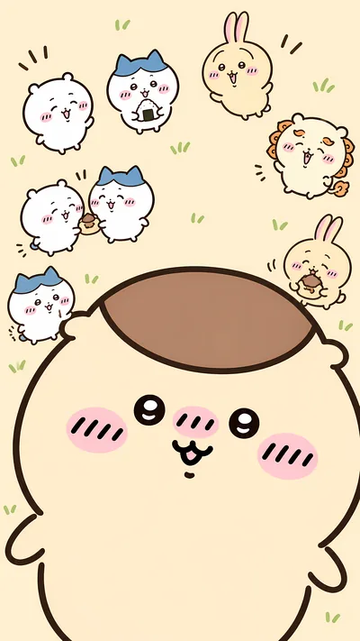大きなくりまんじゅうとちいかわ、ハチワレ、うさぎ、シーサーのスマホ高画質壁紙