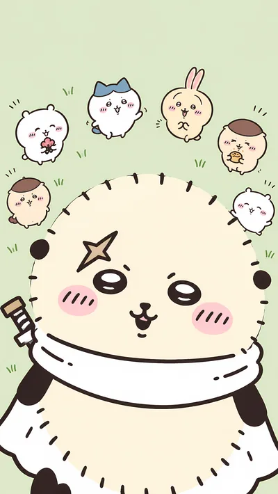 もこもこ衣装を着たラッコ先生とちいかわ、ハチワレ、うさぎ達の癒やしスマホ壁紙