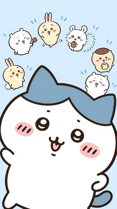 見上げるハチワレと頭上に浮かぶ小さなちいかわやうさぎの可愛いスマホ壁紙