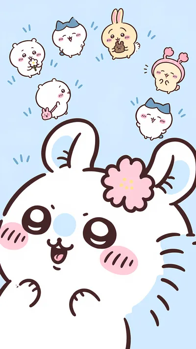 頭にお花をつけたモモンガとちいかわ、ハチワレ、うさぎの可愛いスマホ壁紙