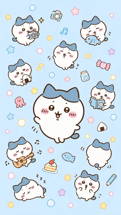 ちいかわのハチワレがギターやカメラを持つ可愛い日常ポーズのスマホ壁紙