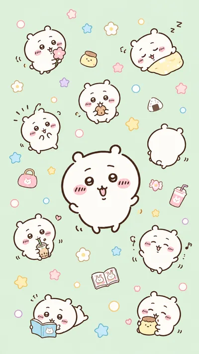 ちいかわのタピオカやプリンを楽しむ可愛い日常パターン柄スマホ壁紙
