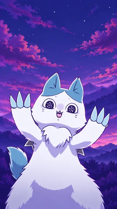 Cute Aoko raising sharp claws under a twilight sky for Phone Wallpaper