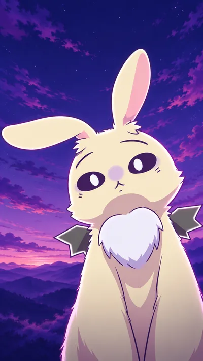 Cute Usagi with little wings under purple sunset sky for Phone Wallpaper