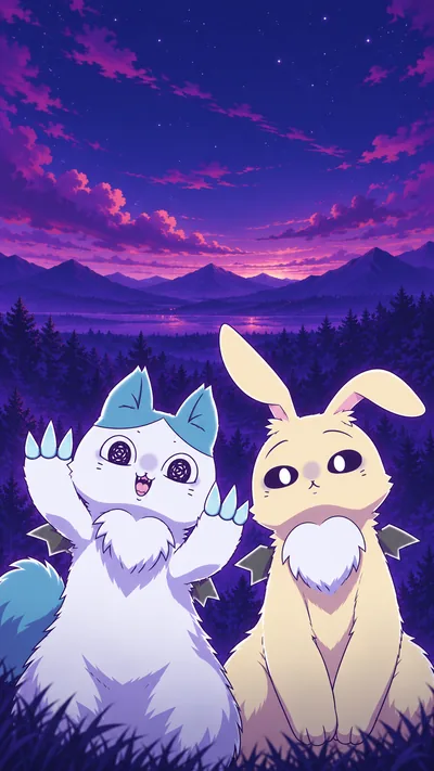 Chimera Hachiware and Usagi under a twilight sky for Phone Wallpaper