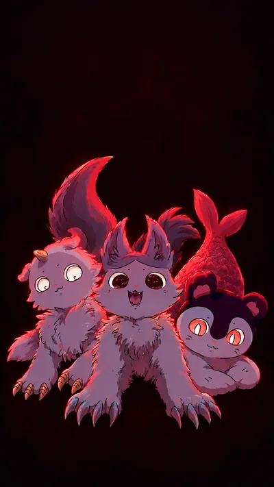 在黑暗红光氛围中霸气登场的吉伊卡哇那孩子与嵌合体怪兽炫酷高清手机壁纸